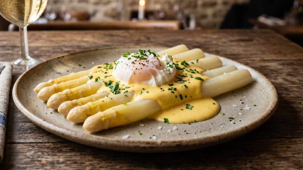 Asperges blanches et œuf poché, sauce sabayon