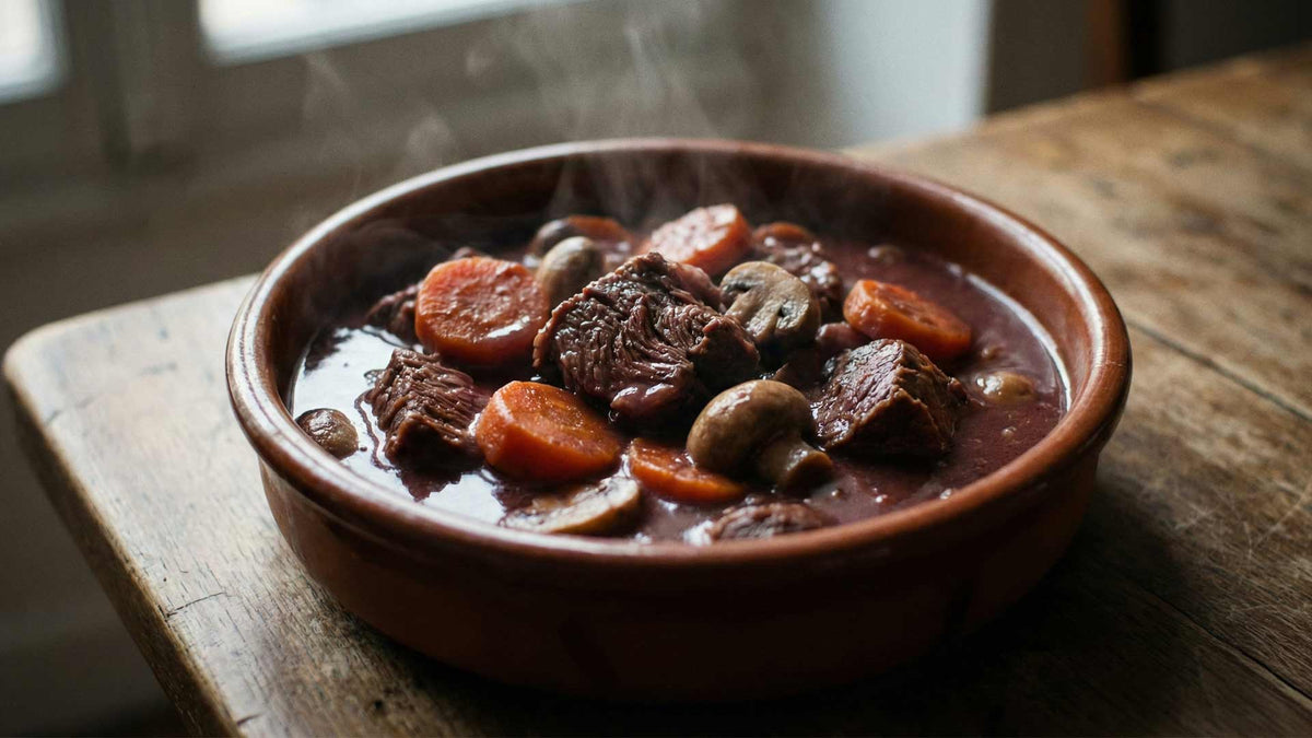 Bœuf carottes aux champignons et vin rouge