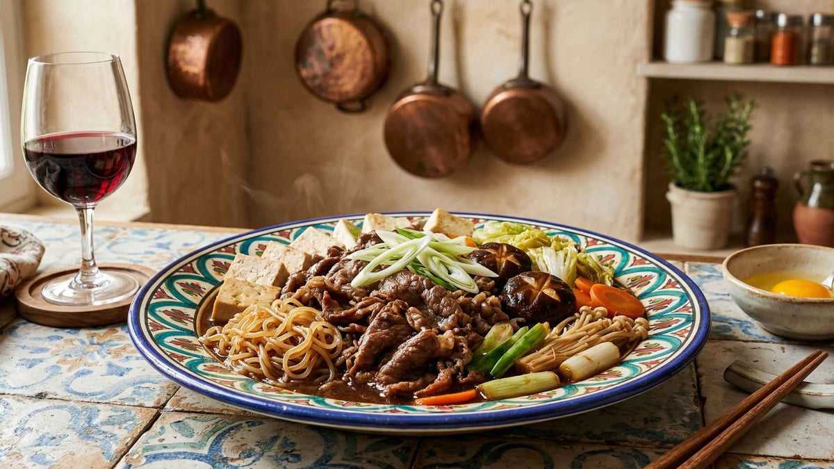 Bœuf sukiyaki japonais aux légumes et sauce sucrée