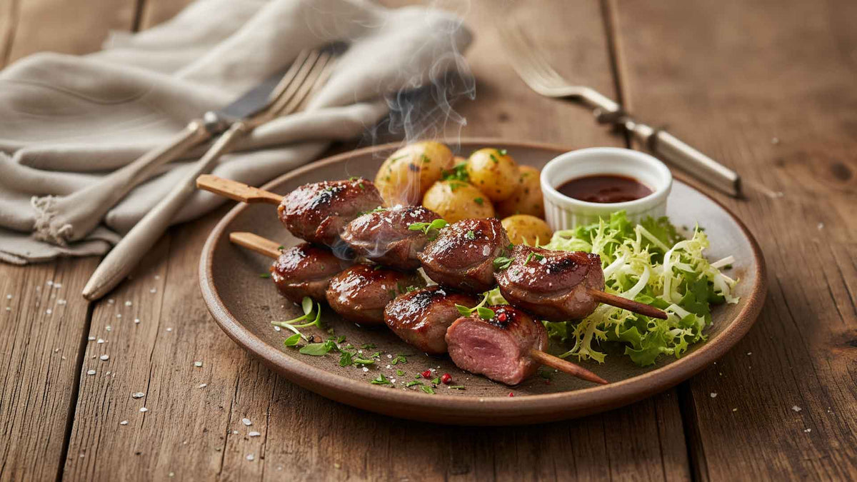 Brochettes de cœurs de canard marinées