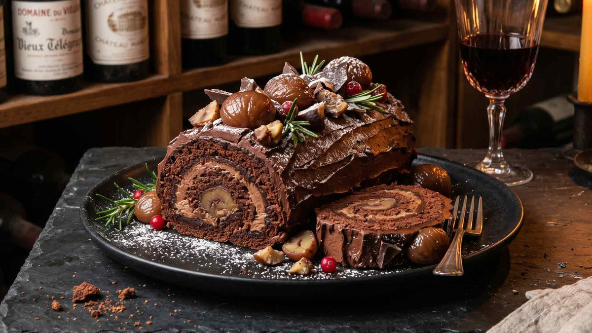 Bûche au chocolat et marrons glacés
