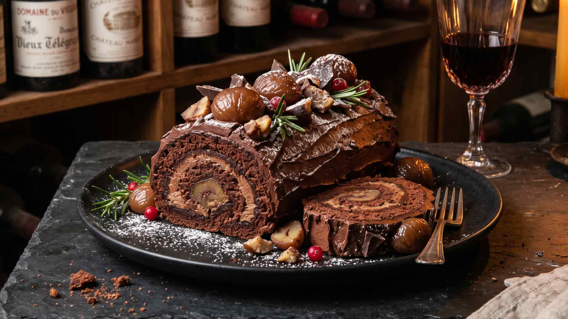 Bûche au chocolat et marrons glacés Image