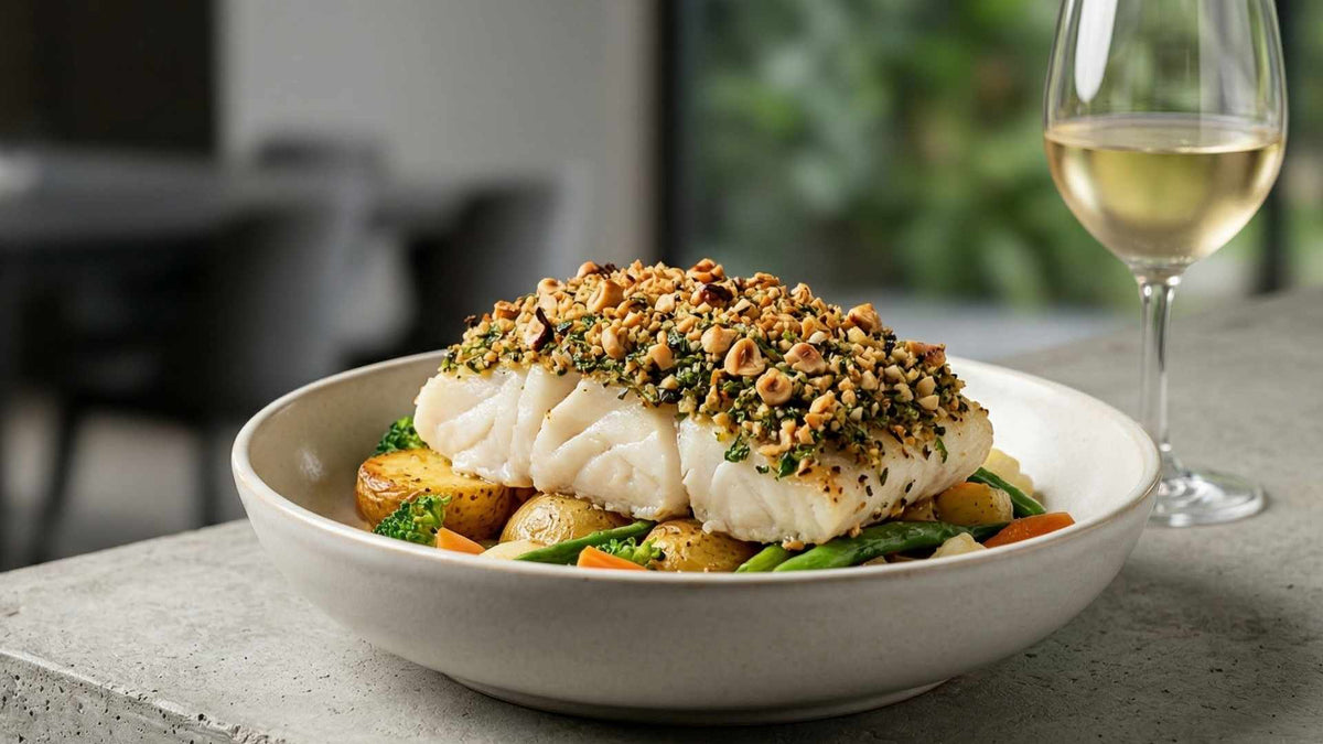 Cabillaud en croûte d'herbes et noisettes torréfiées