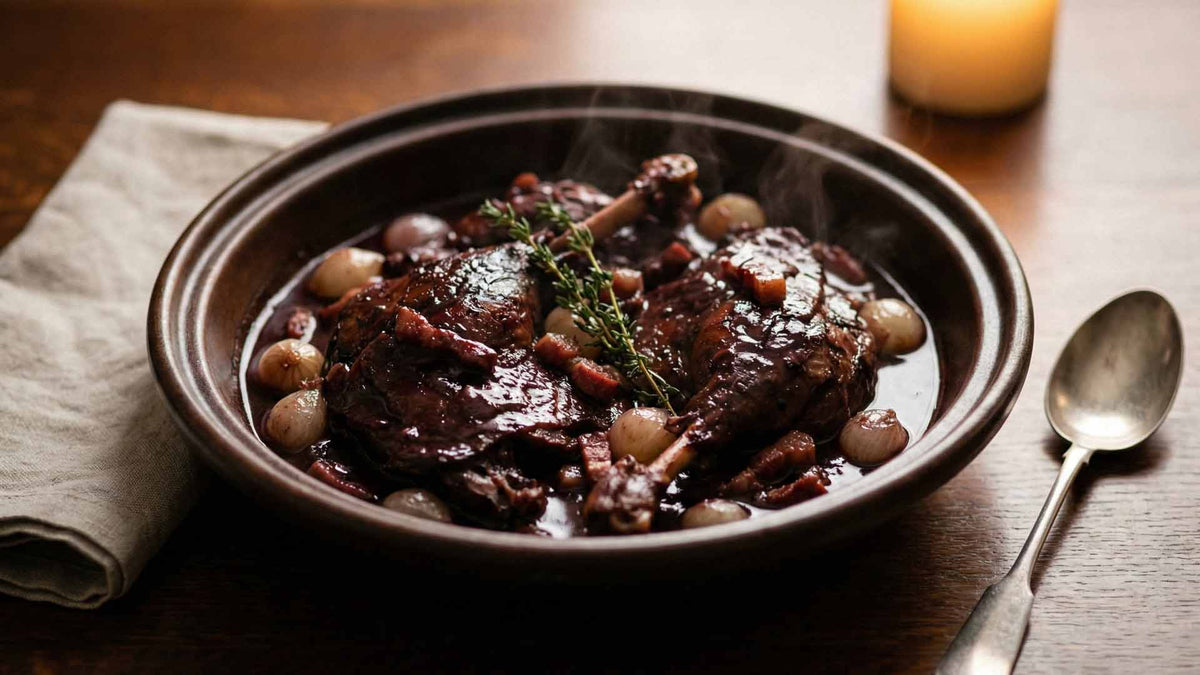 Canard en cocotte au vin rouge