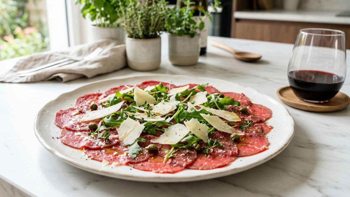 Carpaccio de bœuf à l'huile d'olive et copeaux de parmesan