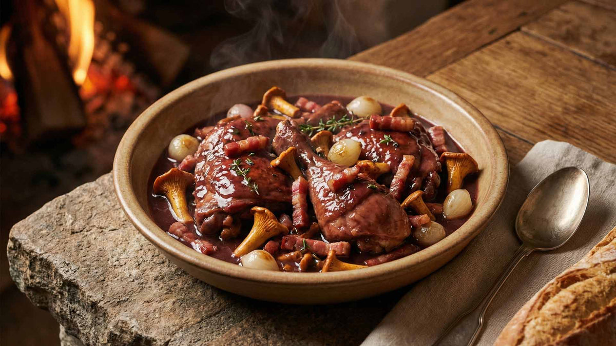 Coq au vin lardons