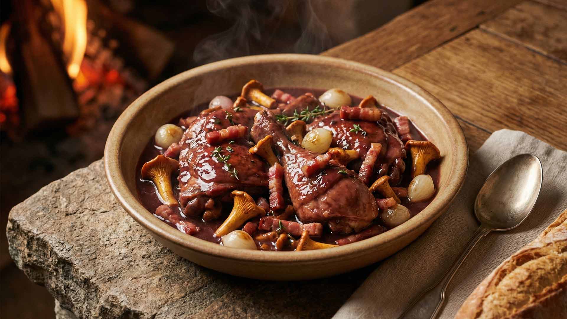 Coq au vin lardons