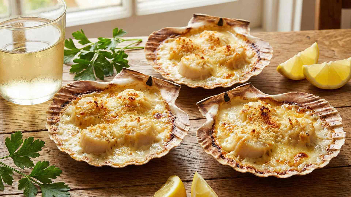 Recette de coquilles Saint-Jacques gratinées au vin blanc