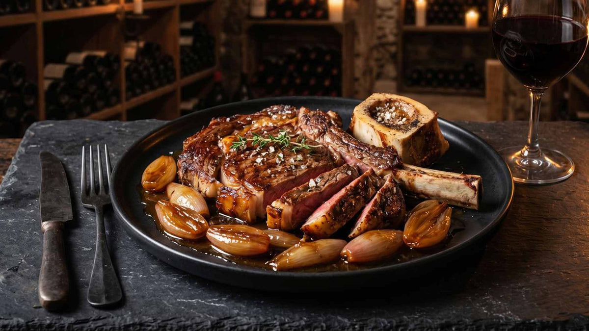 Côte de bœuf à la moelle et échalotes confites