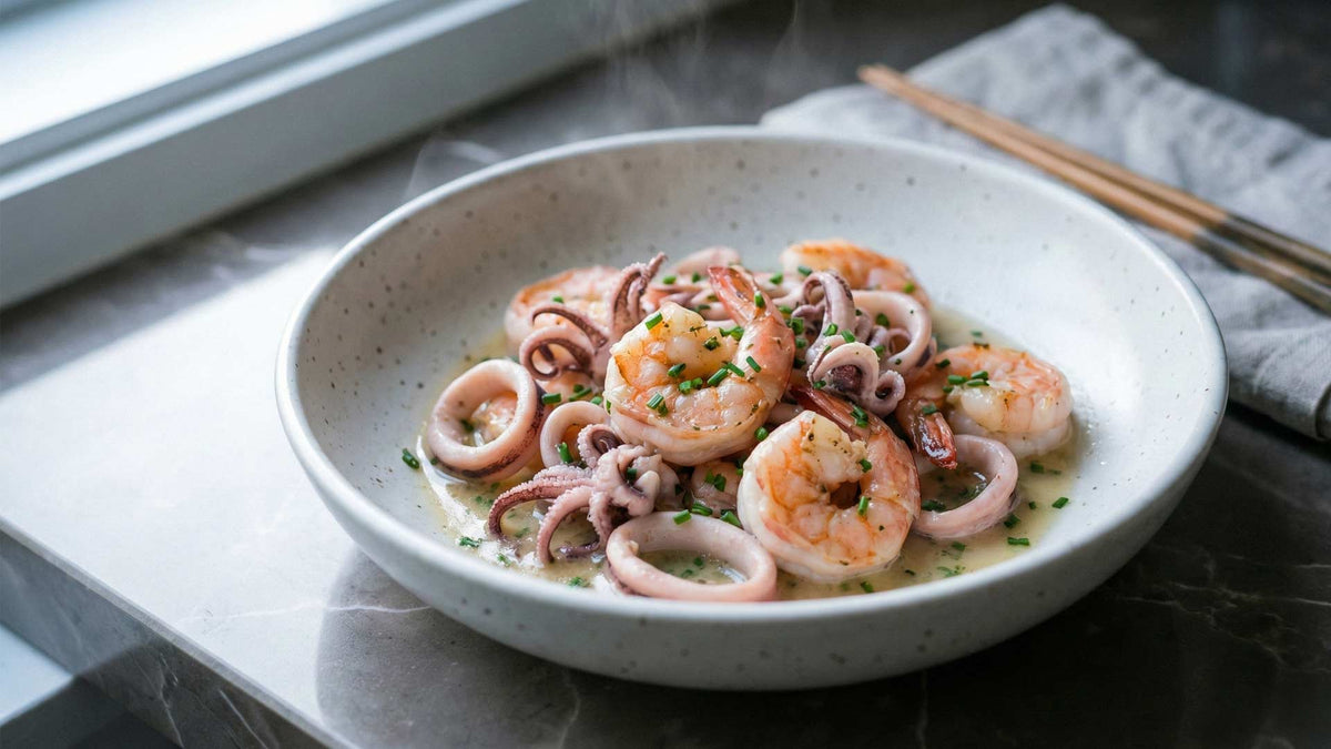 Crevettes et calamars au vin blanc cuits au wok
