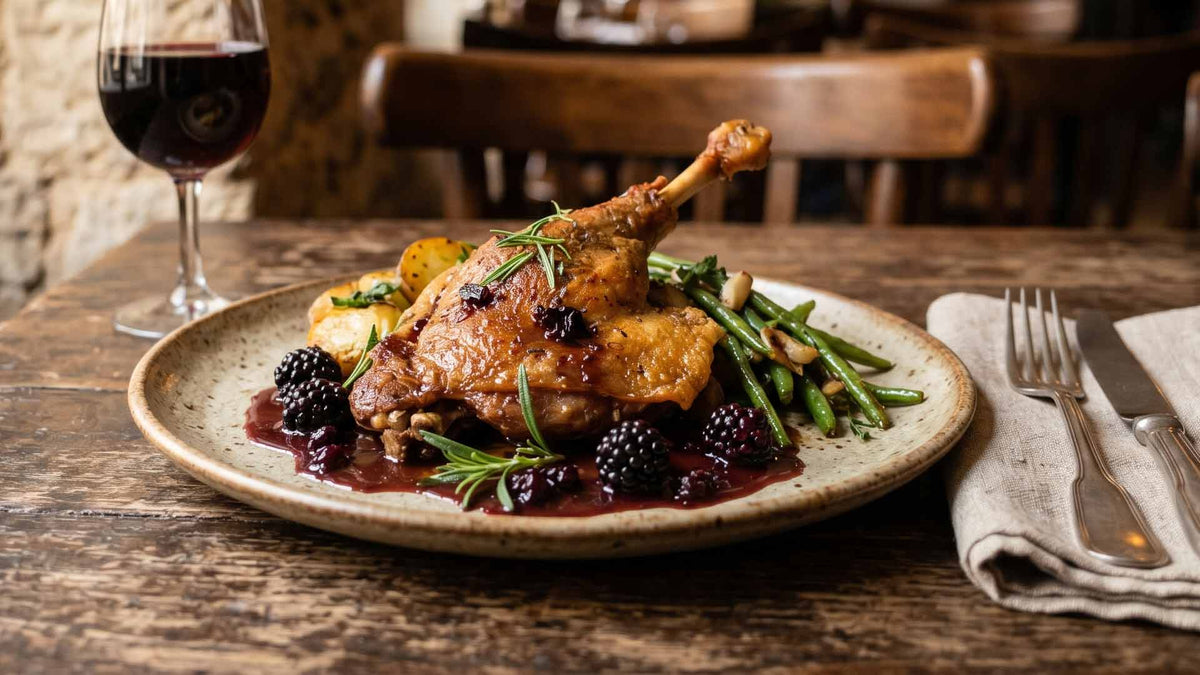 Cuisse de canard confite aux mûres et sarriette