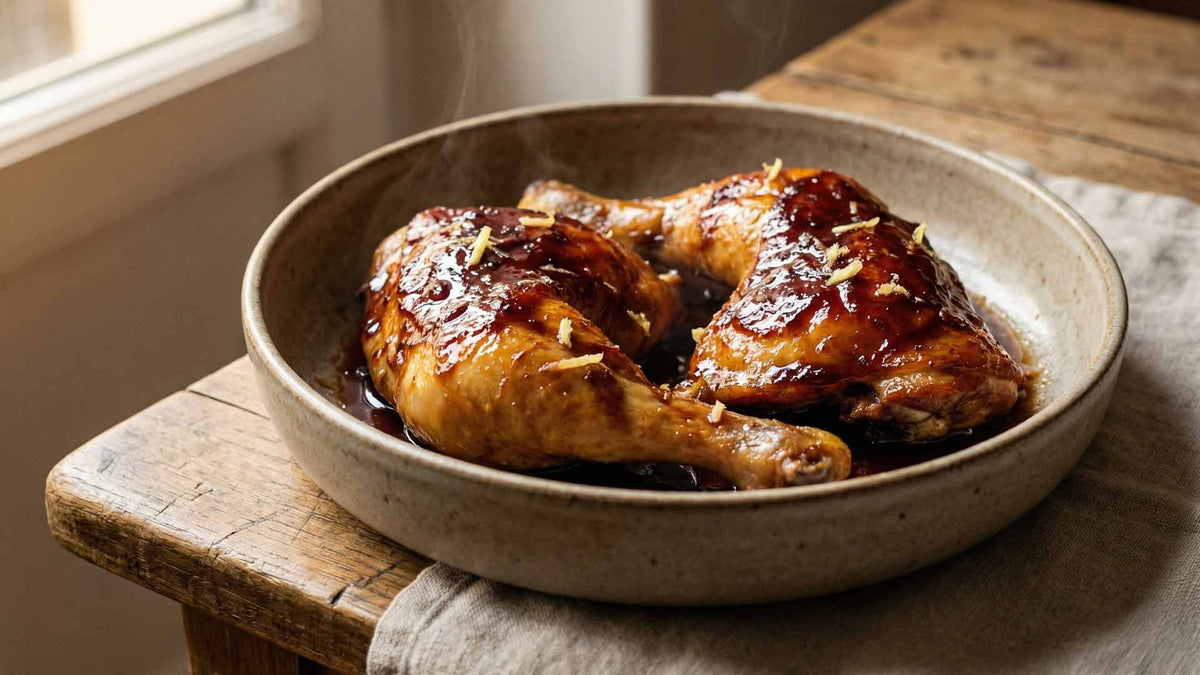 Cuisses de poulet au confit de vin et gingembre