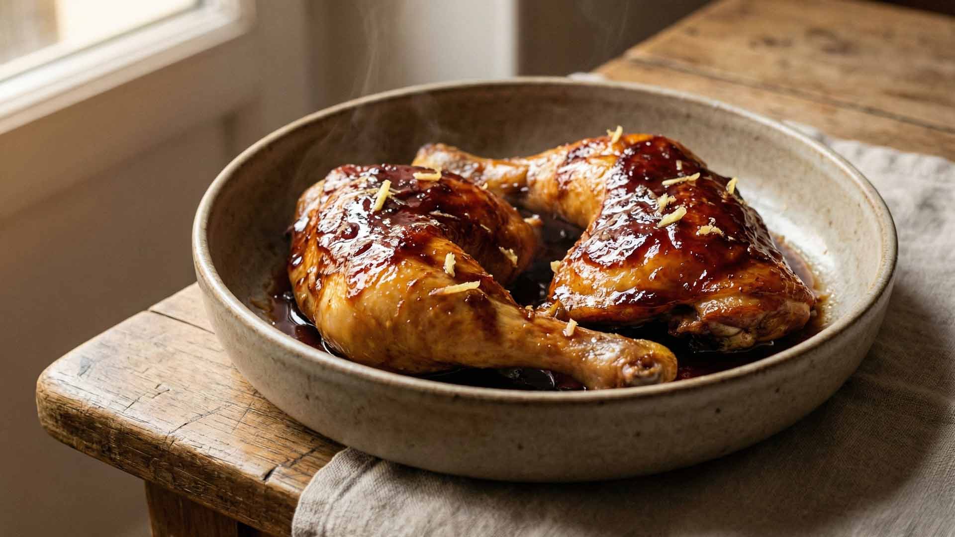 Cuisses de poulet au confit de vin et gingembre