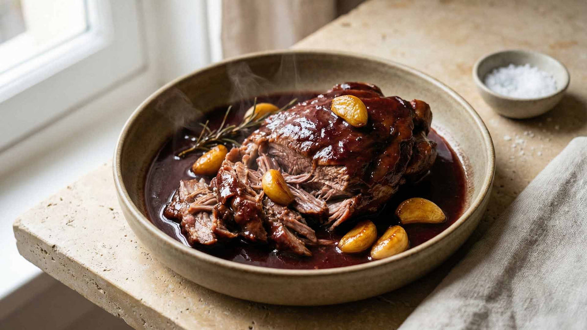 Épaule d’agneau confite au vin rouge