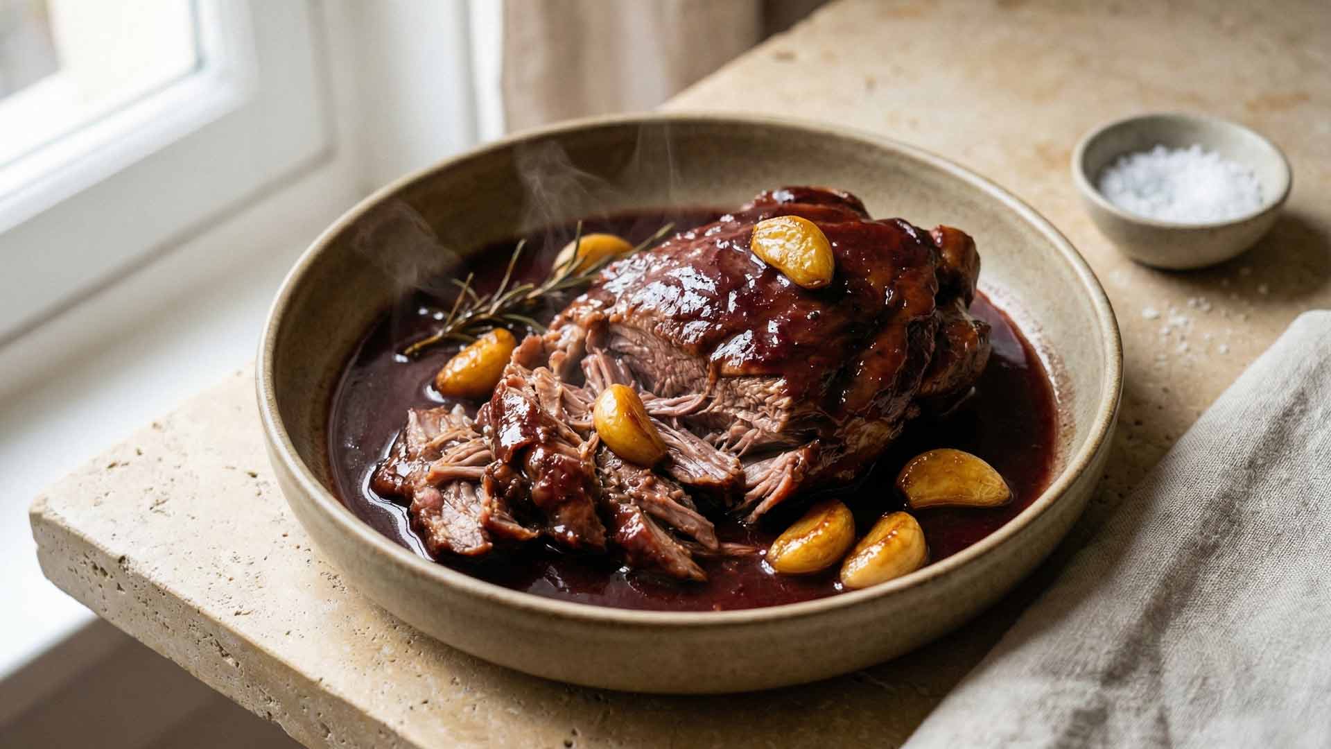Épaule d’agneau confite au vin rouge