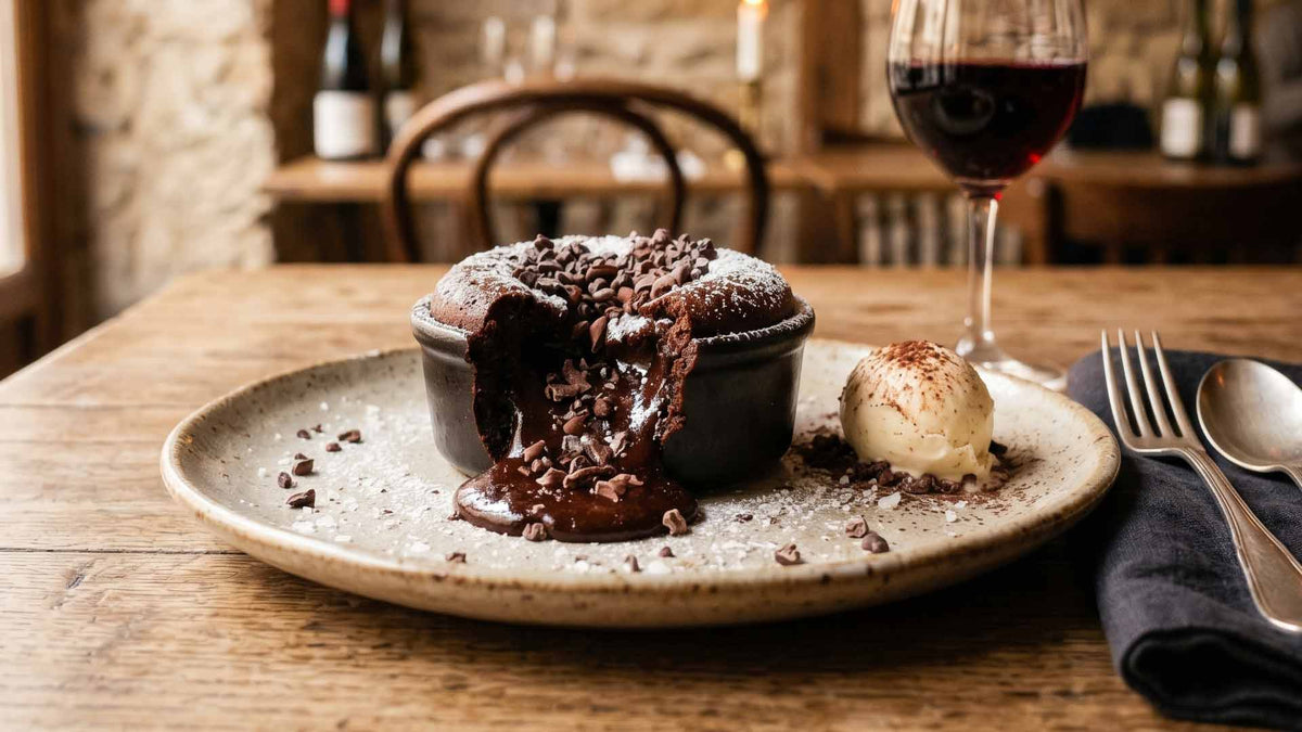Fondant au chocolat noir et grué de cacao