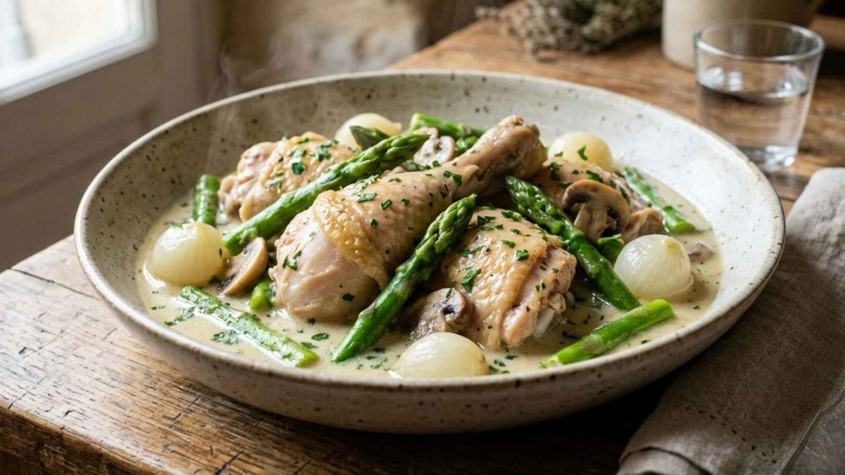 Fricassée de poulet fermier aux asperges vertes