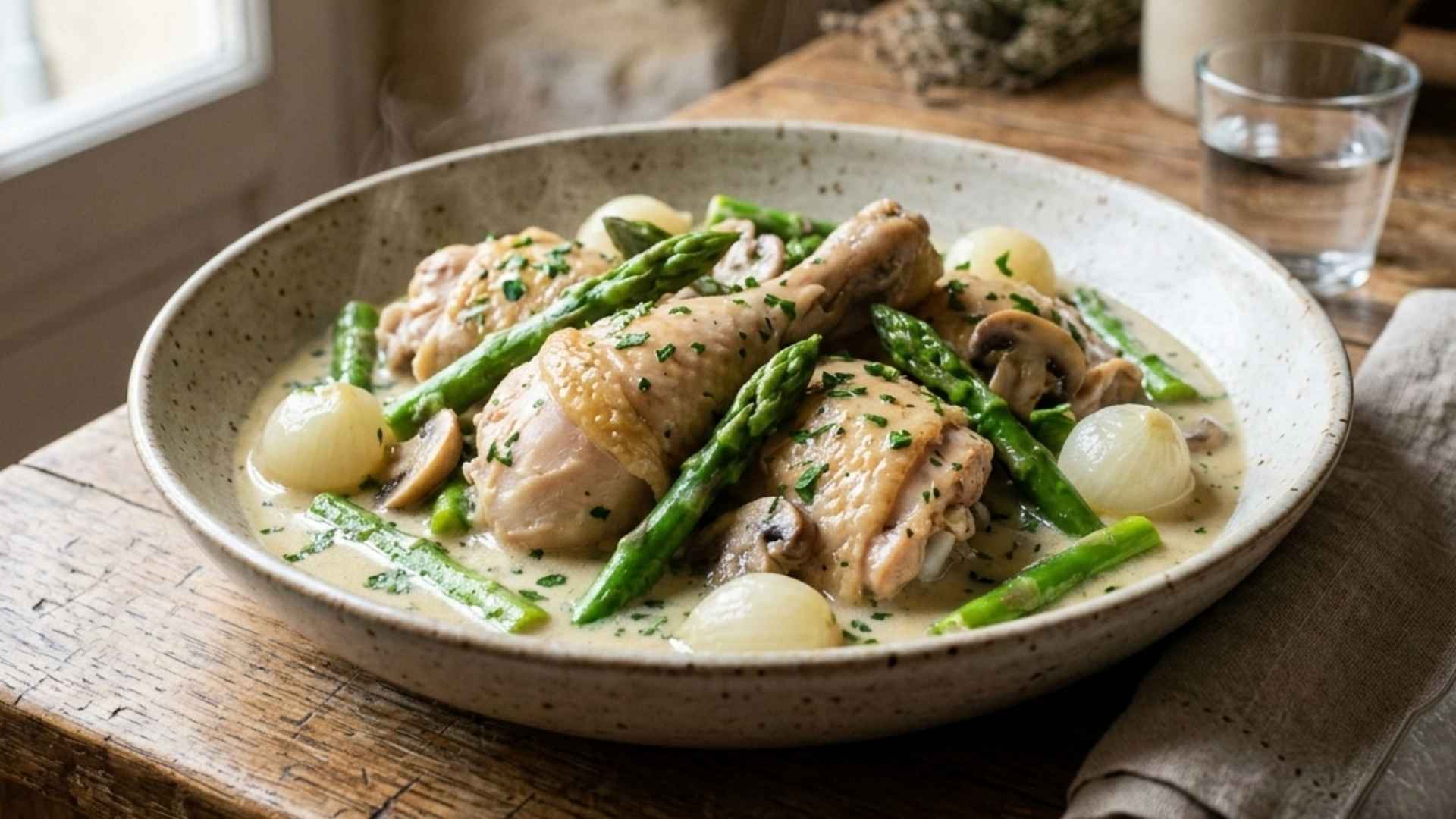 Fricassée de poulet fermier aux asperges vertes Image