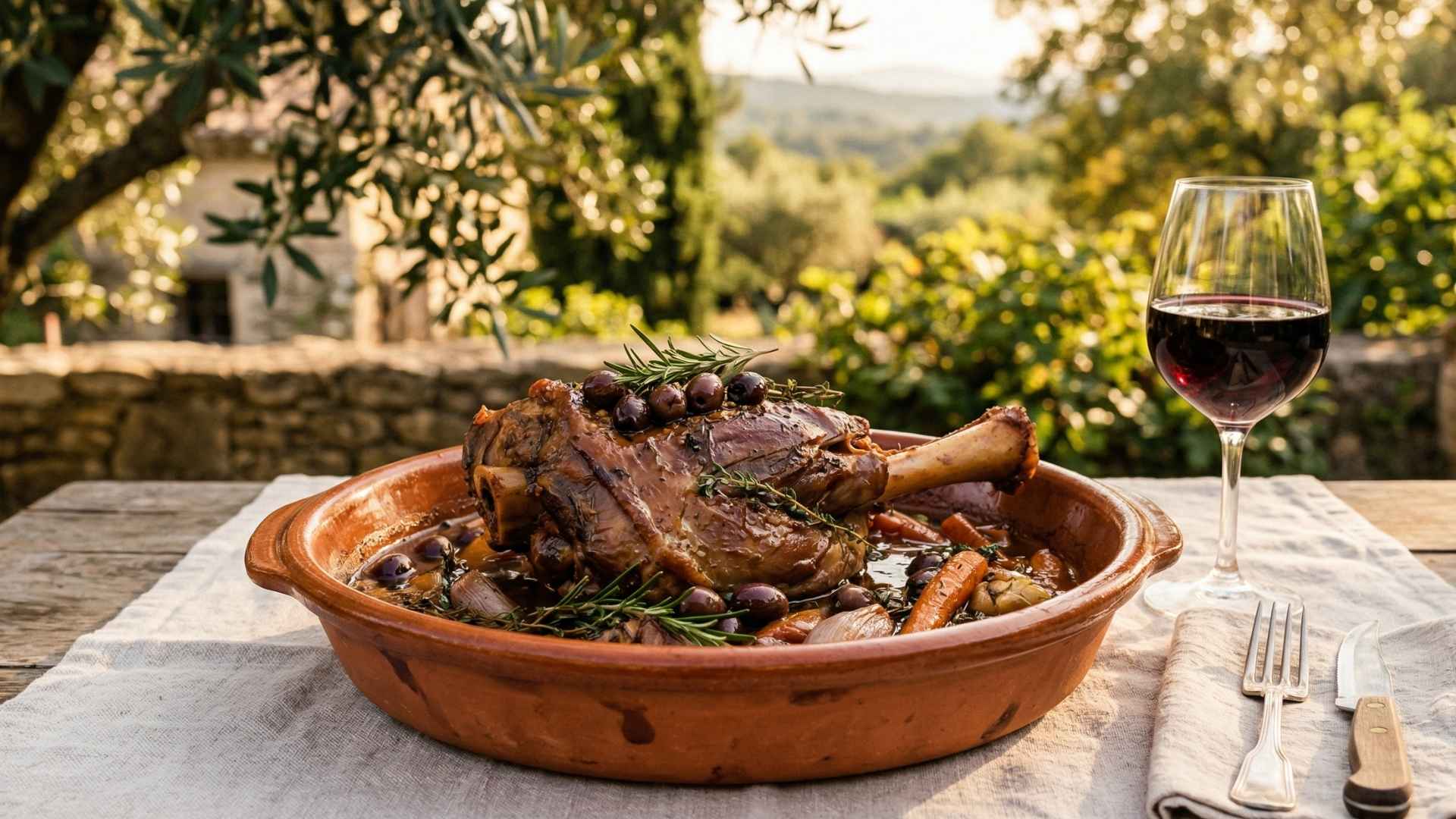 Jarret de veau confit aux olives de nyons et au romarin