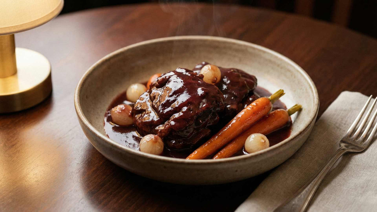 Joues de porc confites au vin rouge