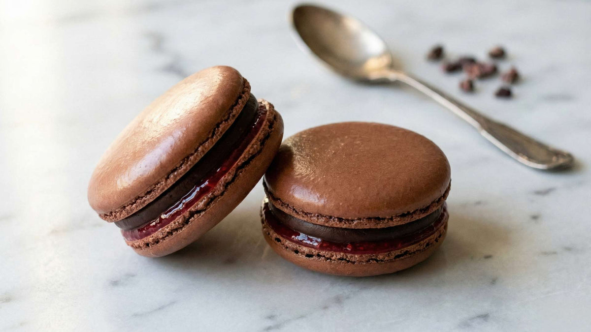Macaron ganache chocolat noir fraise et vin rouge