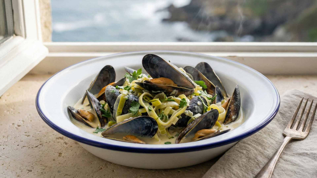 Moules poireaux creme vin blanc