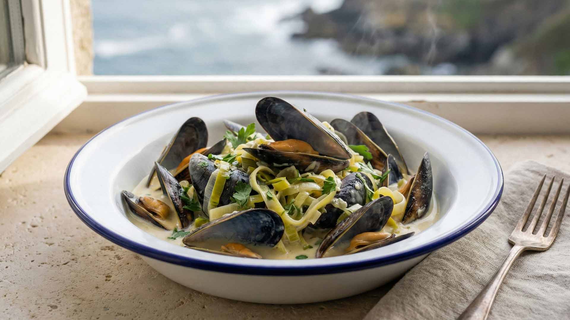 Moules poireaux creme vin blanc Image