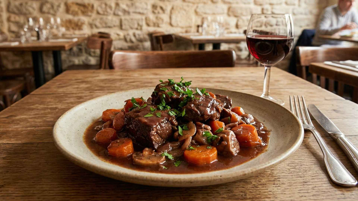 Paleron de bœuf braisé aux carottes et vin rouge