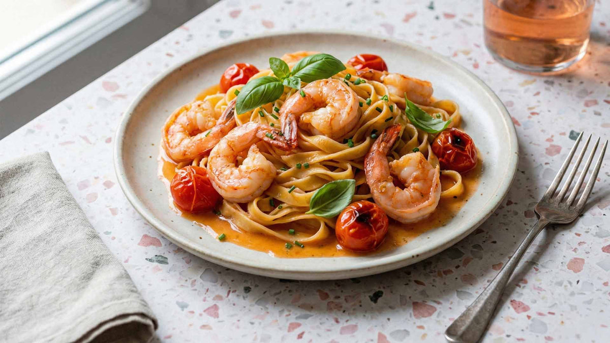 Pâtes aux crevettes, tomates et rosé
