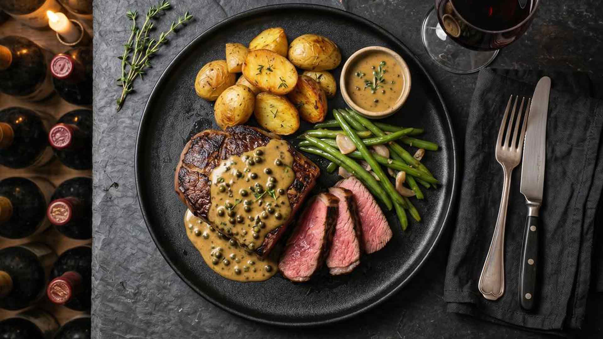 Pavé de bœuf, sauce au poivre vert