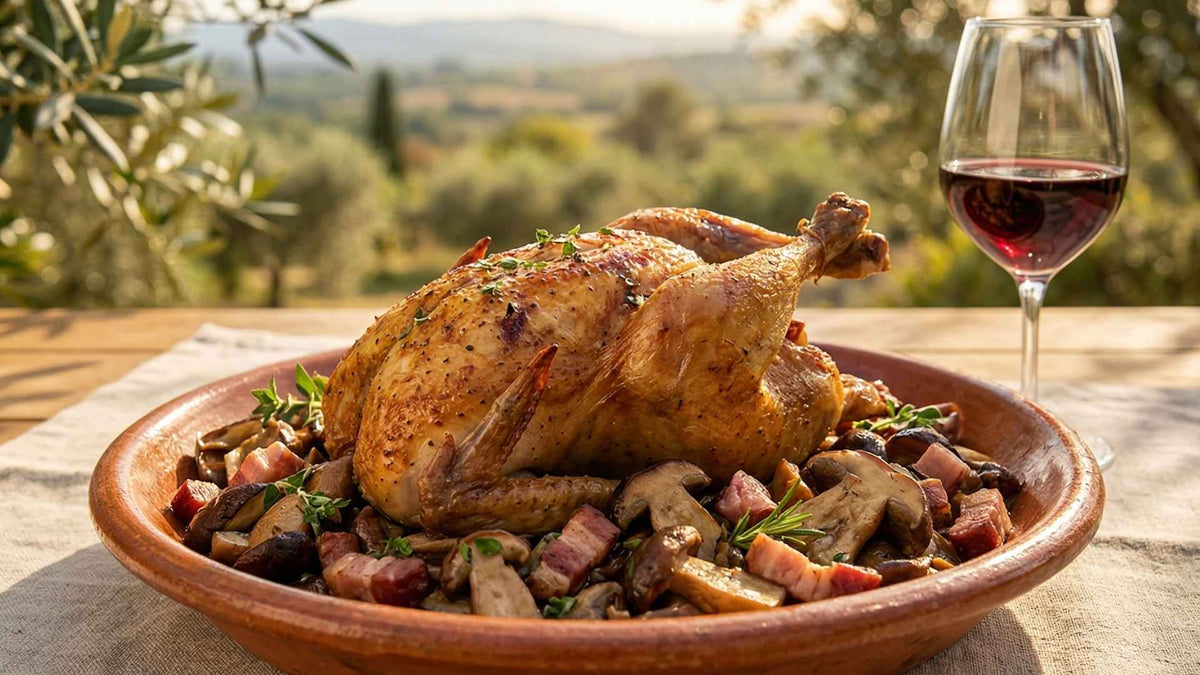 Perdrix rôtie aux cèpes et lard fumé
