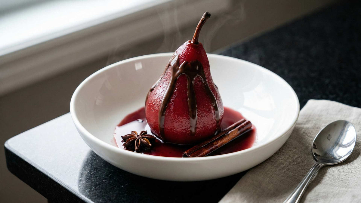 Poire pochée au vin rouge et chocolat