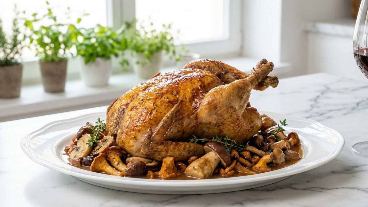 Poule faisane rôtie aux champignons des bois