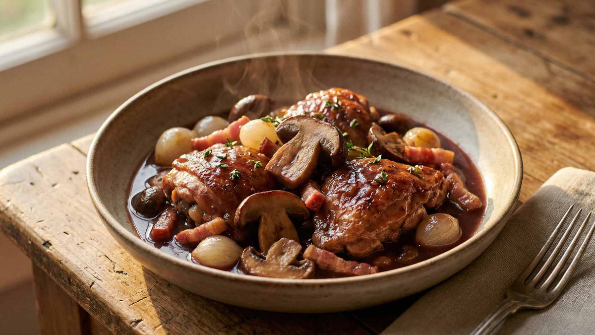 Poulet aux cèpes et au vin rouge