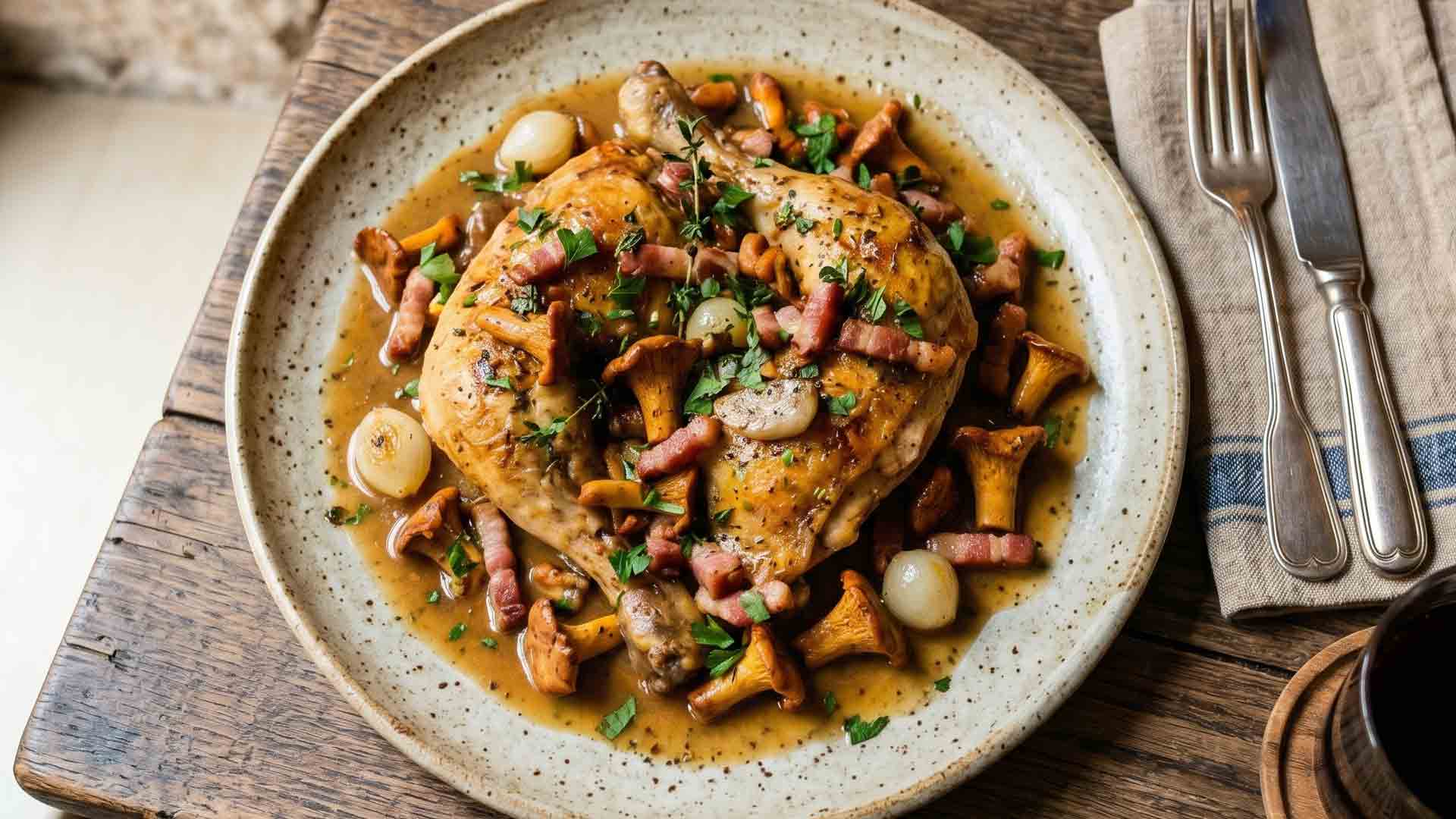 Poulet fermier aux girolles et lardons