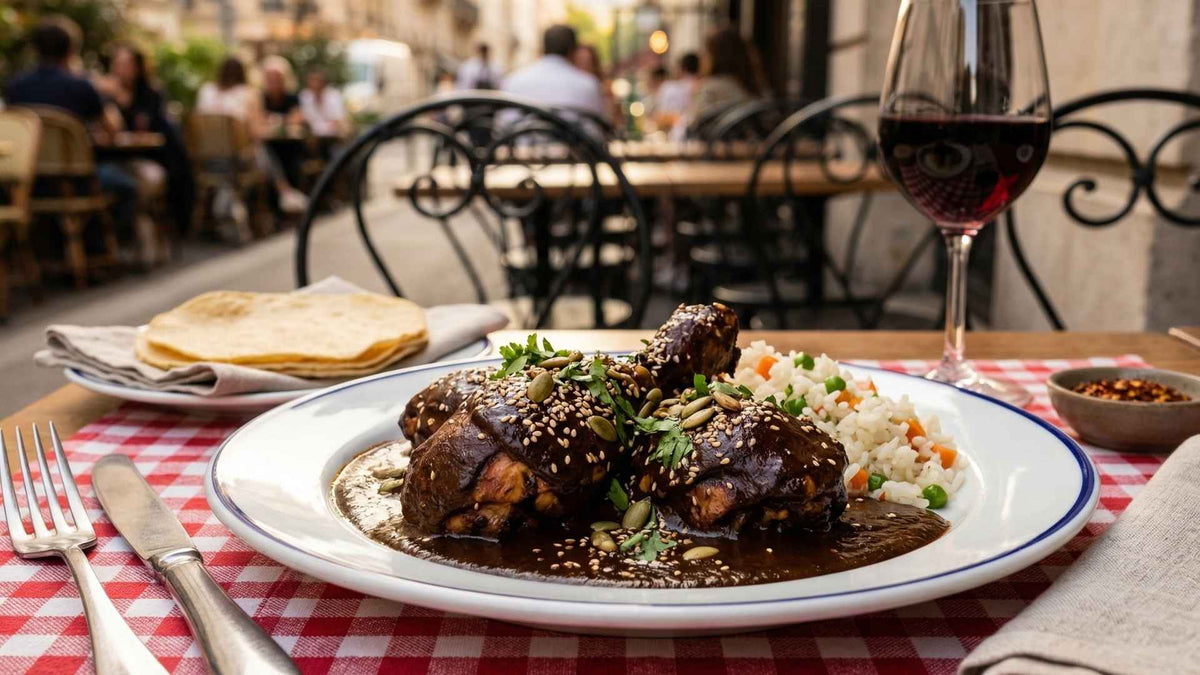 Poulet mole poblano au cacao et piments séchés