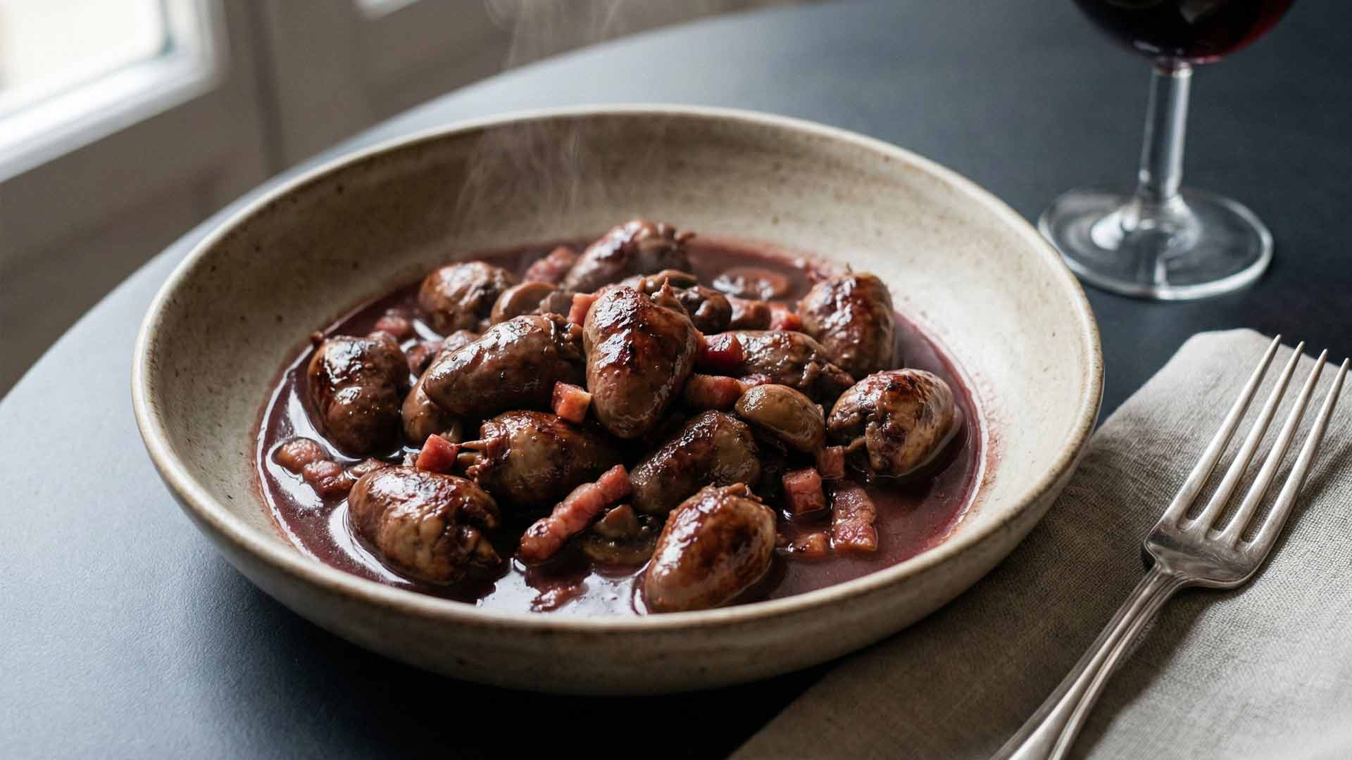 Recette coeur de poulet au vin rouge