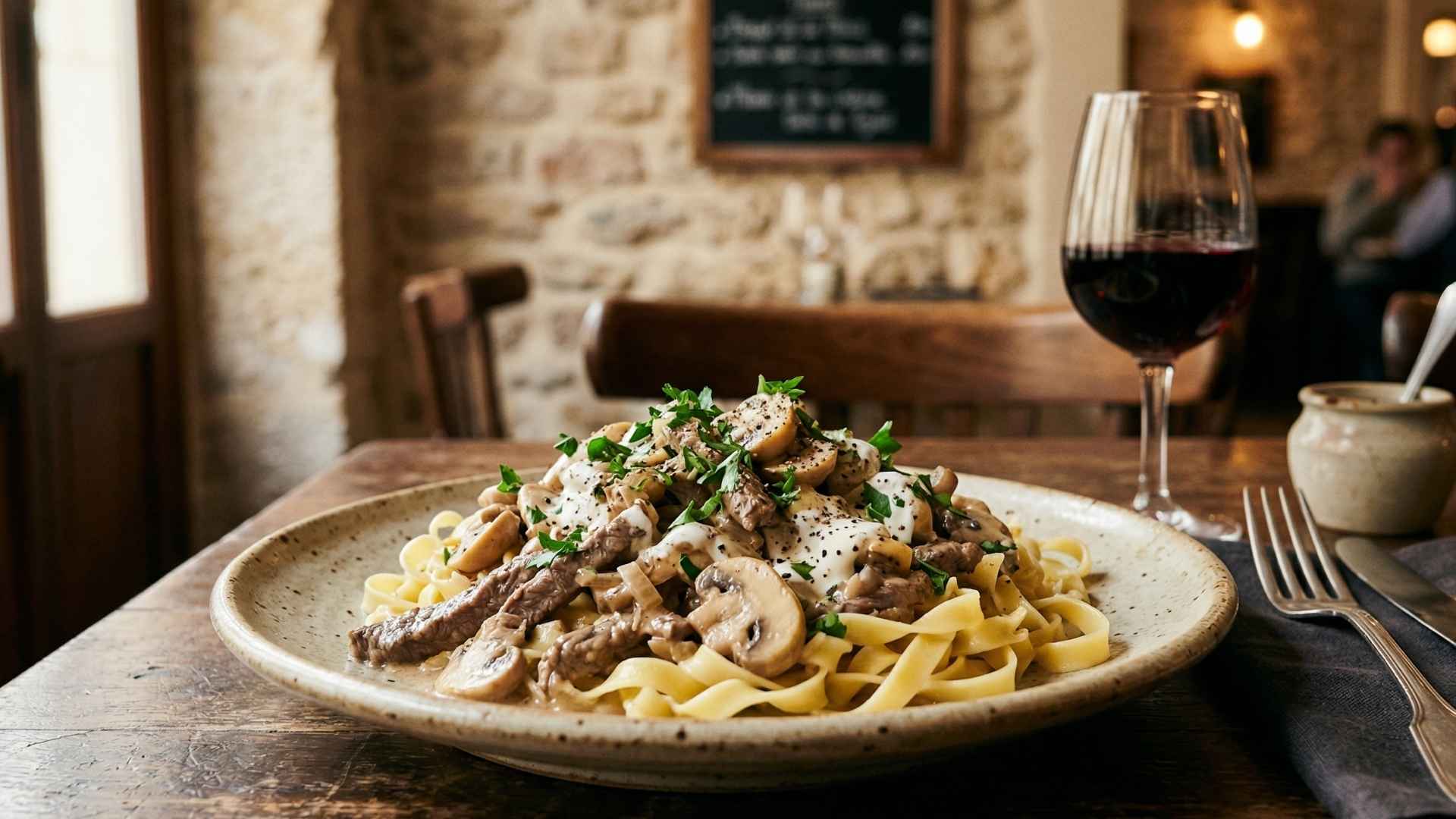 Bœuf Stroganoff à la crème et champignons de Paris