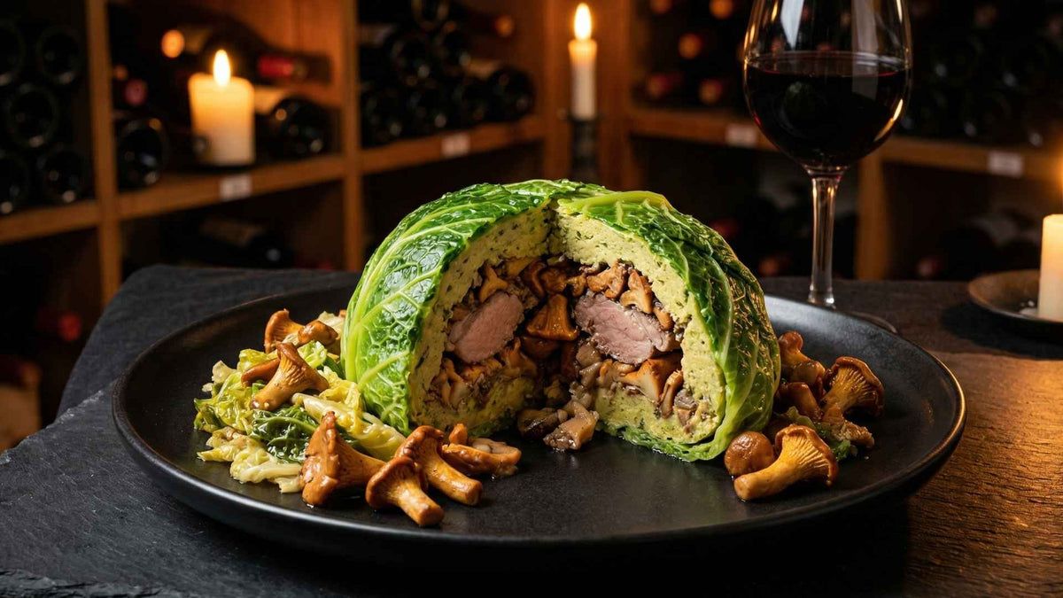Caille des dombes en chartreuse au chou vert et aux girolles