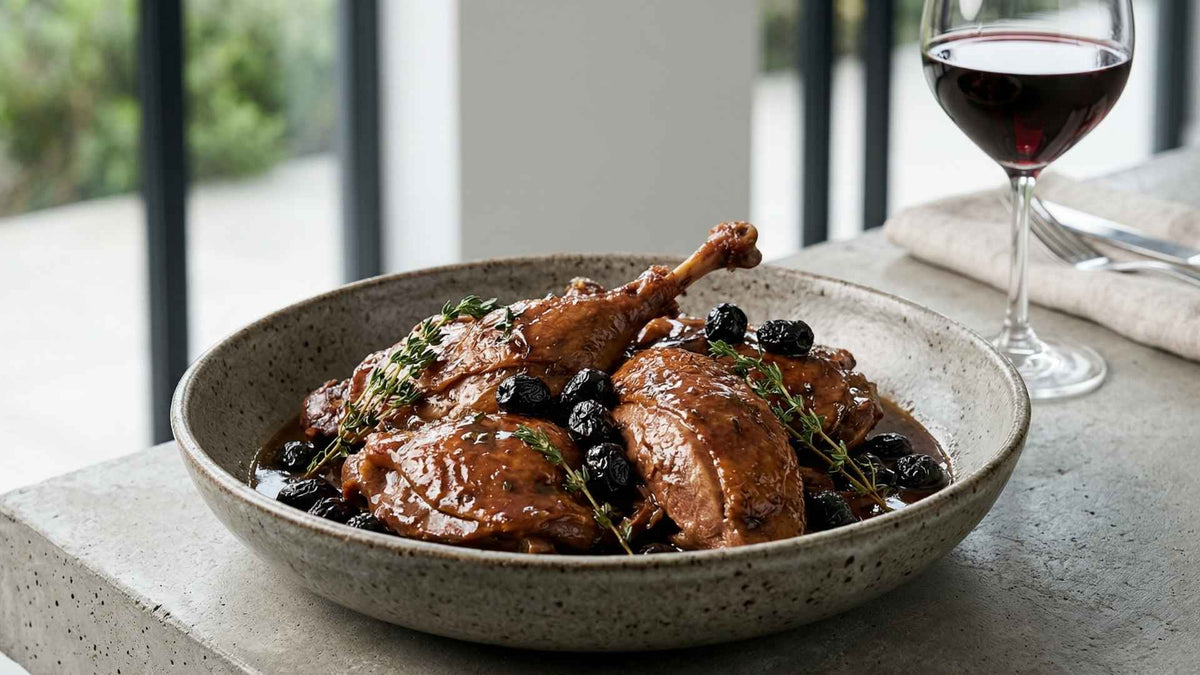 Canard fermier braisé aux olives de nyons et au thym