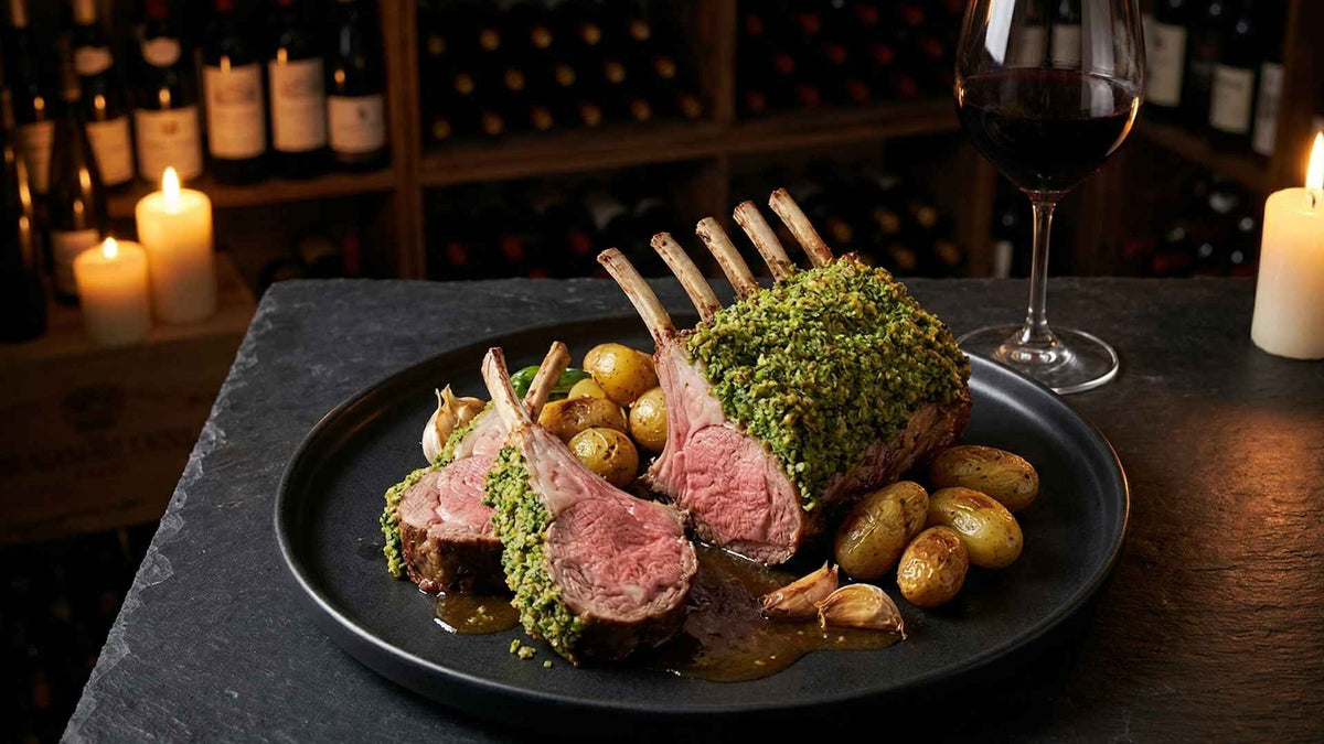 Carré d'agneau de lait rôti en croûte d'herbes