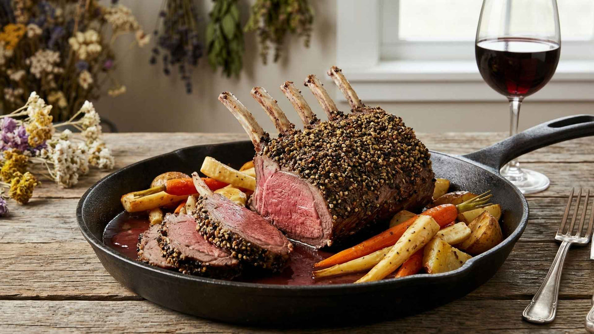 Carré de cerf en croûte de poivres sauvages