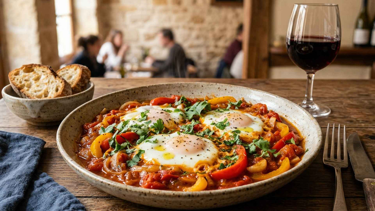 Chakchouka aux œufs pochés, poivrons et tomates