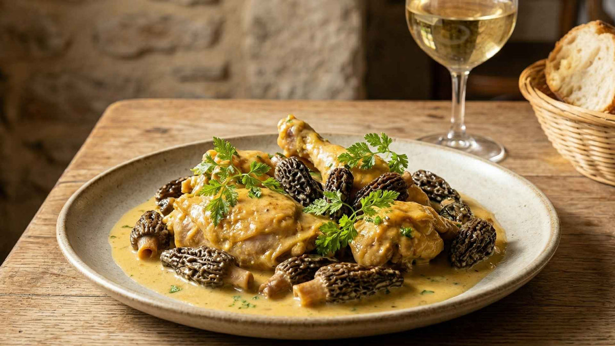 Coq fermier au vin jaune et morilles sauvages