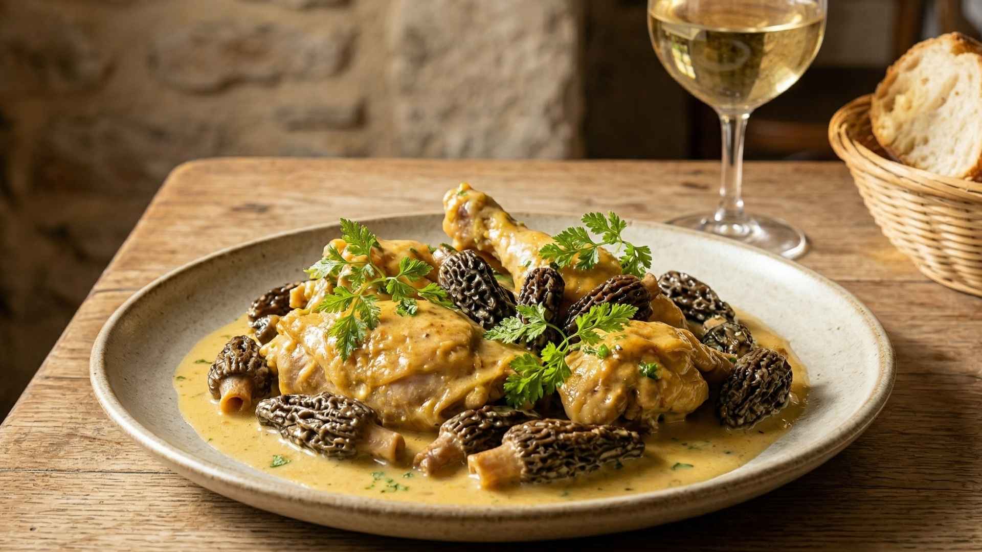 Coq fermier au vin jaune et morilles sauvages