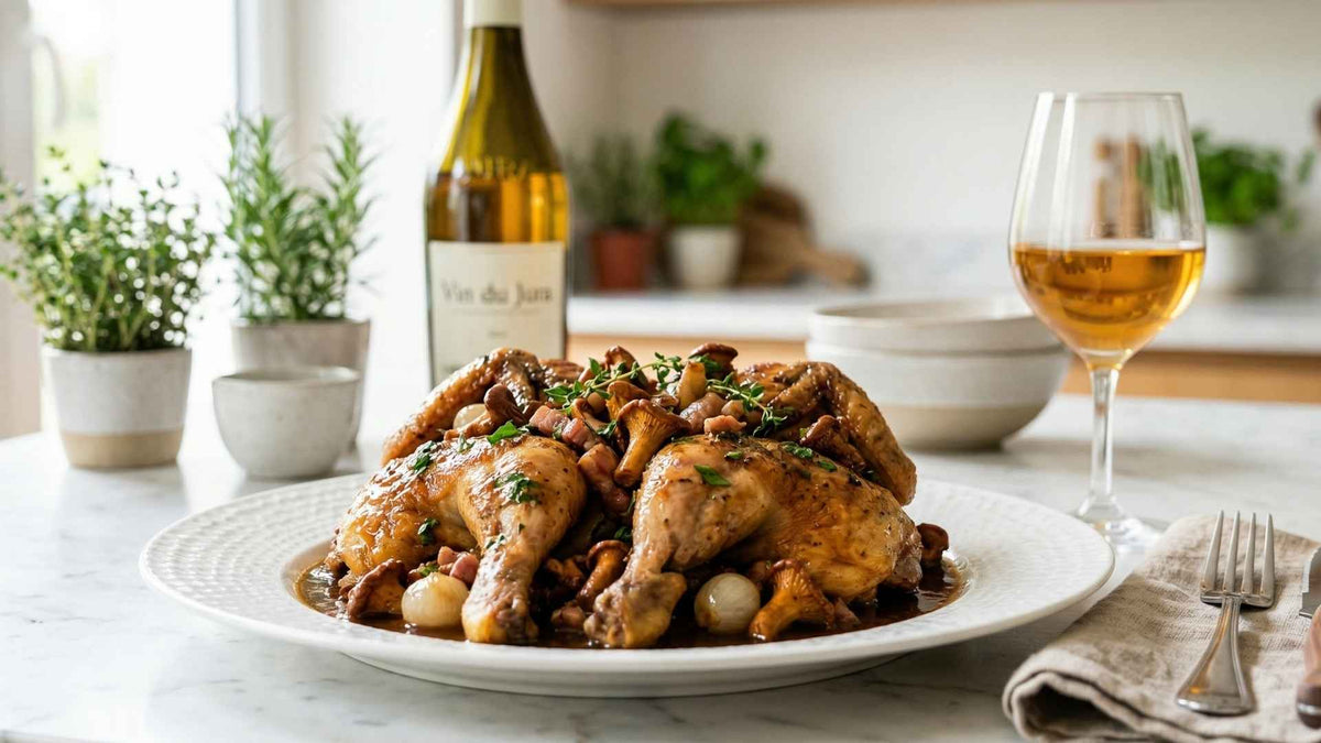 Coquelet fermier braisé au vin du jura et aux girolles