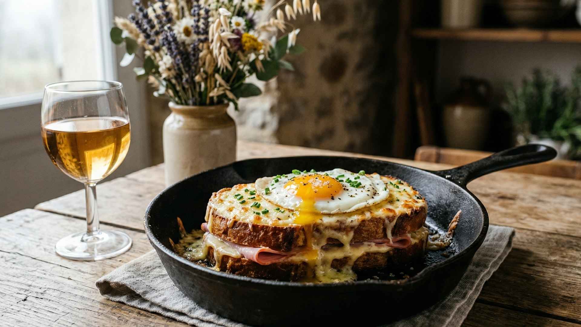 Croque-madame au jambon et œuf coulant sur le plat