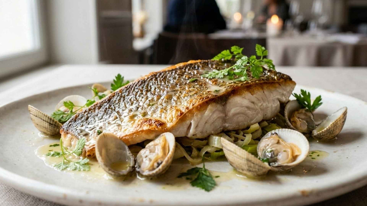 Filet de bar sauvage poêlé sur peau aux coques