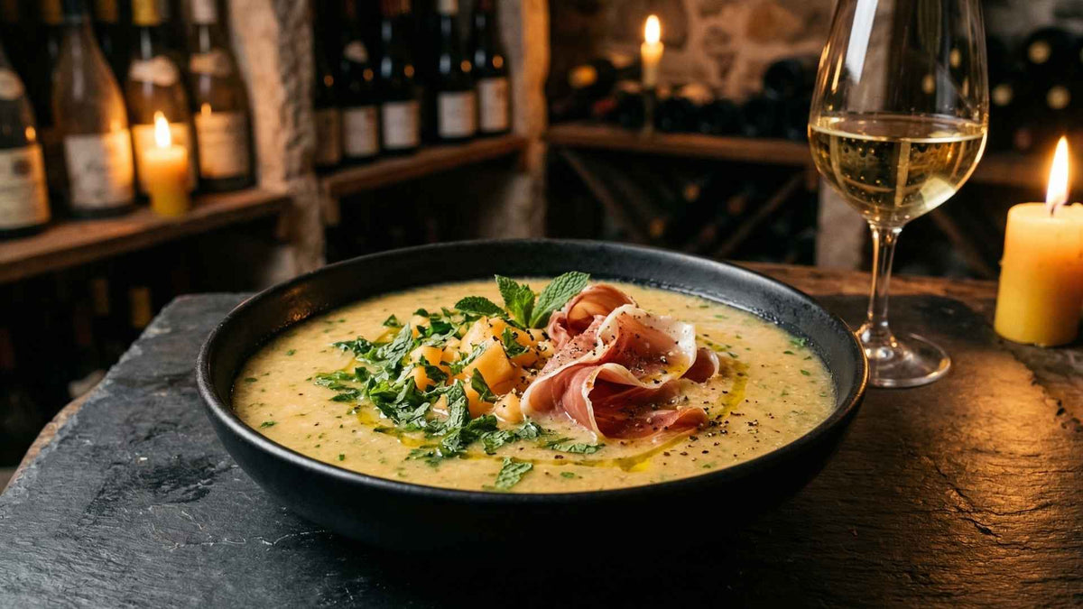 Gaspacho de melon frais à la menthe et jambon cru