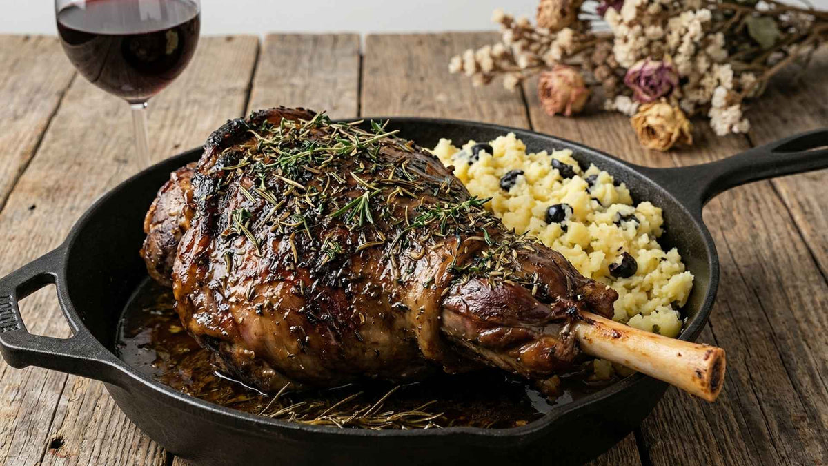 Gigot d'agneau de sisteron confit sept heures aux senteurs de garrigue et son écrasé de pommes de terre aux olives noire